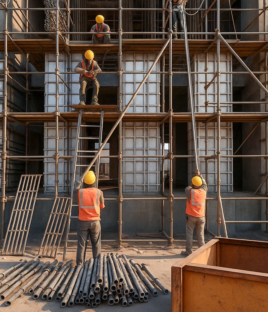 Scaffolding pipes and platforms in storage
